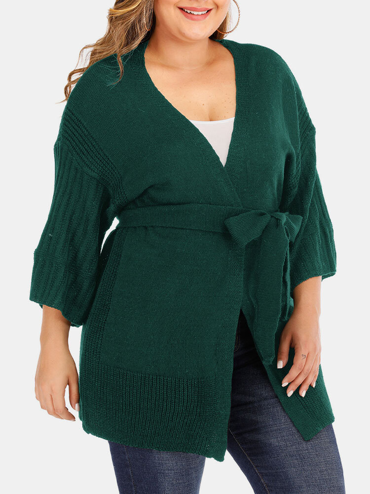 

Plain Knotted V-Neck Long Sleeve Plus Size Knitting Cardigan, Black;green