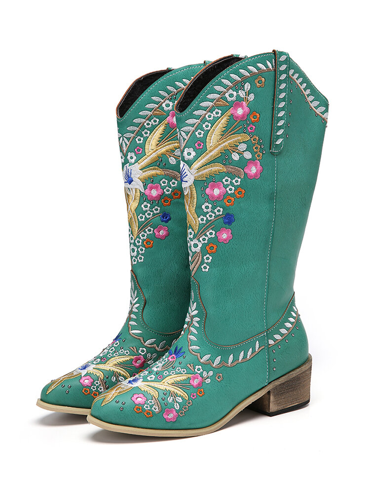 Women Leather Retro Floral Printing Wearable Comfy Slip On Chunky Heel Mid-calf Cowboy Boots