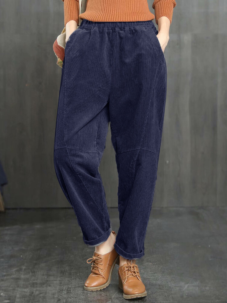Corduroy Solid Color Pockets Loose Plus Size Pants