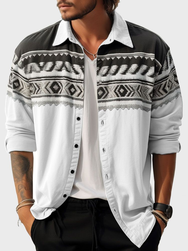 Camicie da uomo a maniche lunghe con stampa geometrica etnica con risvolto e bottoni