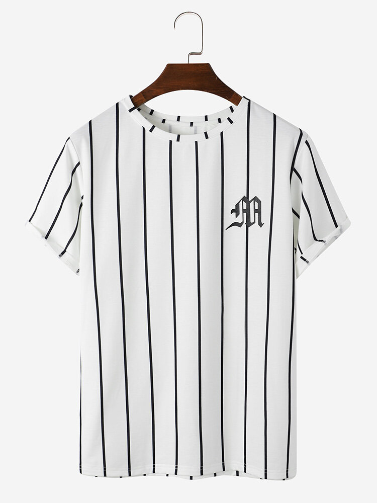 Mens 100% Cotton Pattern Striped Short Sleeve Preppy T-Shirt