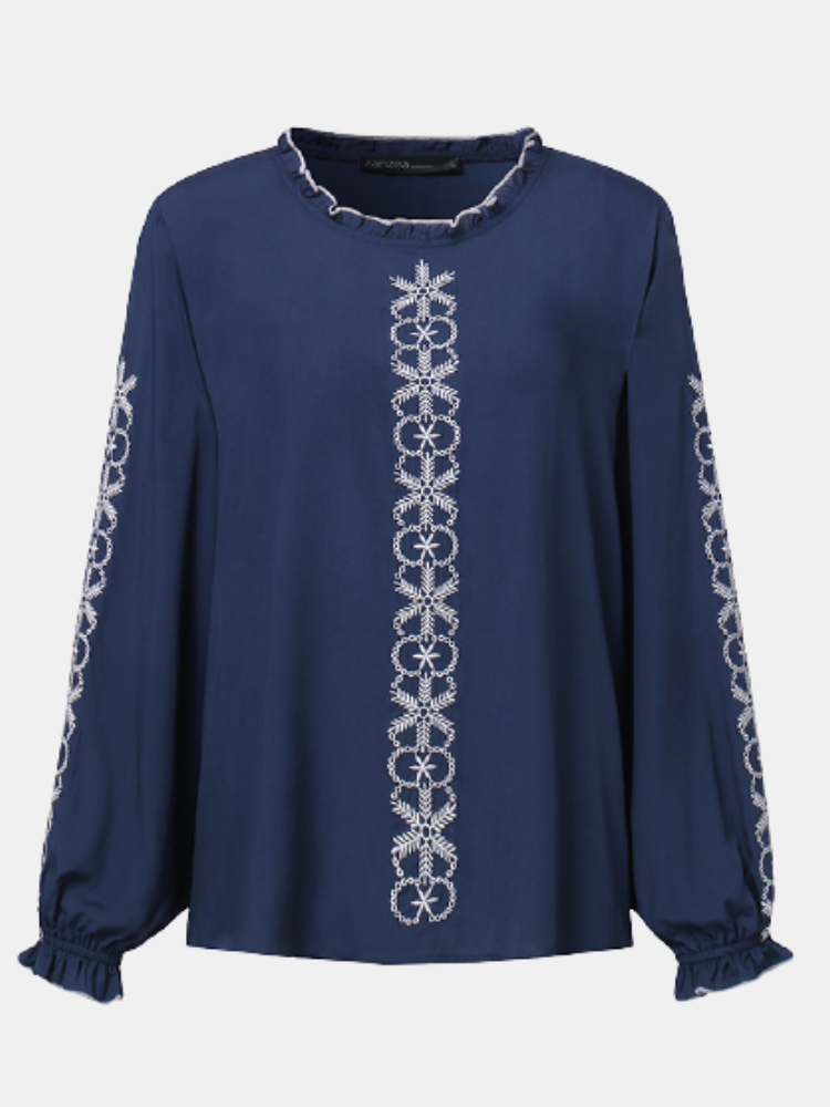 Embroidered Ruffle Neck Lantern Sleeve Plus Size Blouse for Women