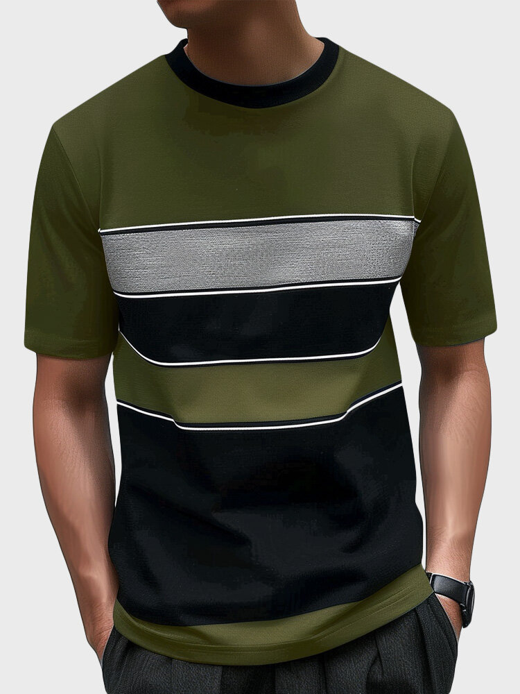 

Mens Color Block Patchwork Crew Neck Short Sleeve T-Shirts, Army green