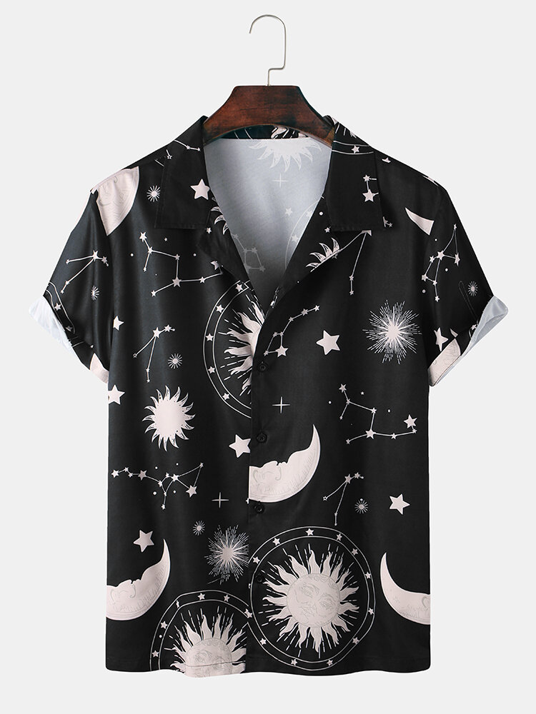 Mens Cartoon Starry Sky Printed Casual Lapel Collar Shirt