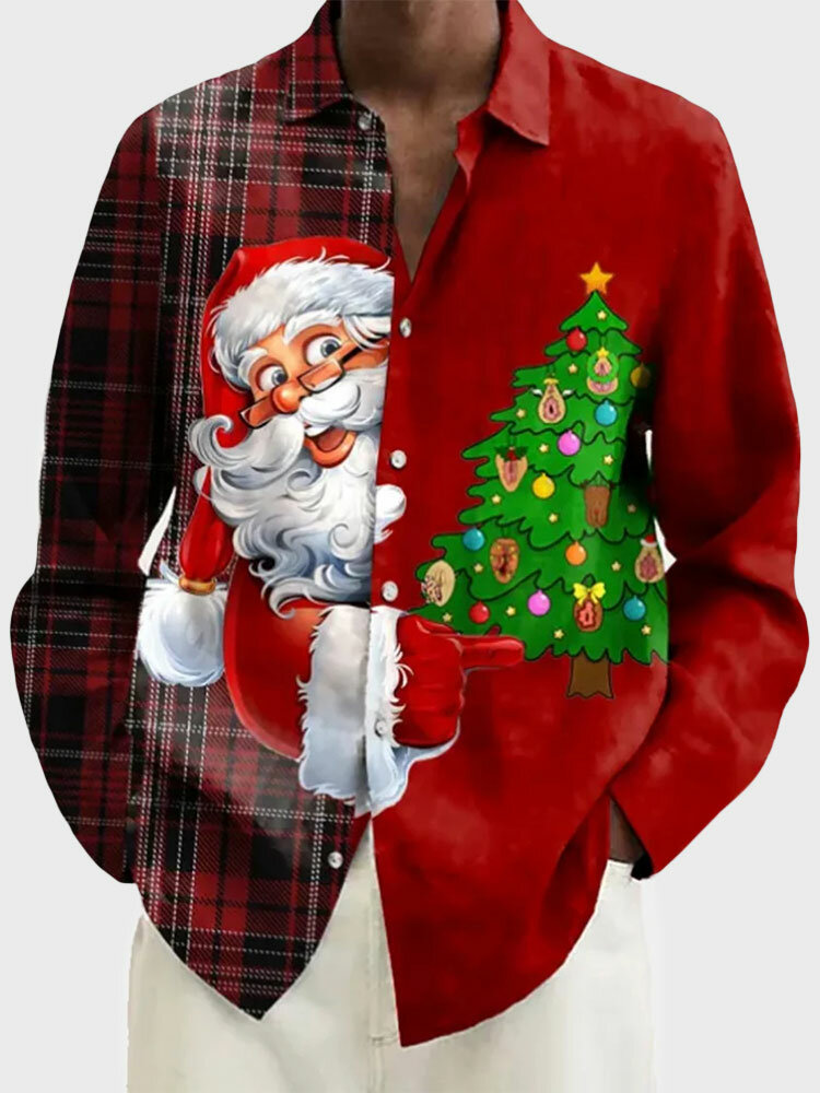 

Mens Christmas Tree Santa Claus Print Plaid Patchwork Long Sleeve Shirts Winter, Red