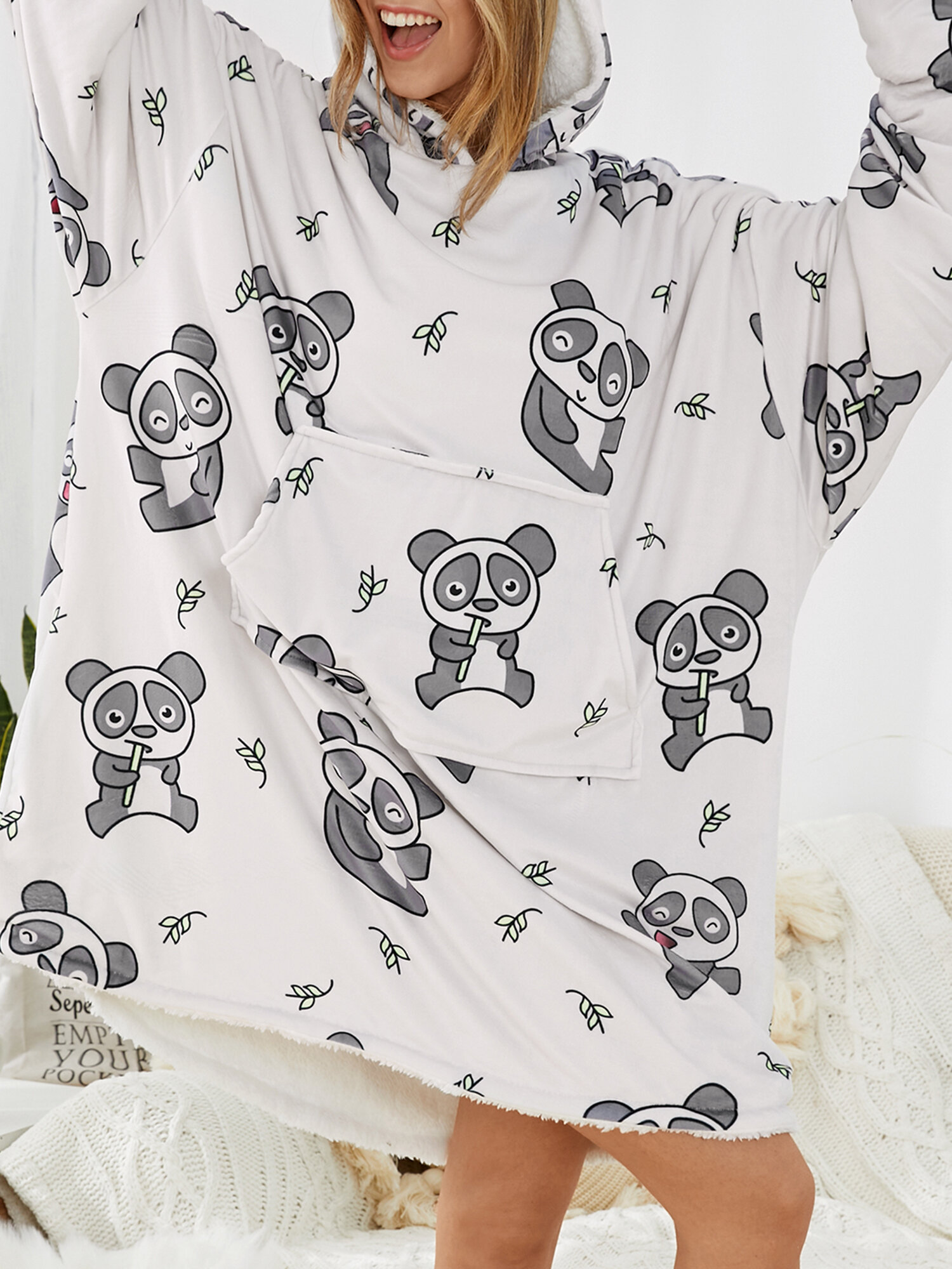 Donna carina Panda Felpa con cappuccio coperta allentata foderata in pile con stampa