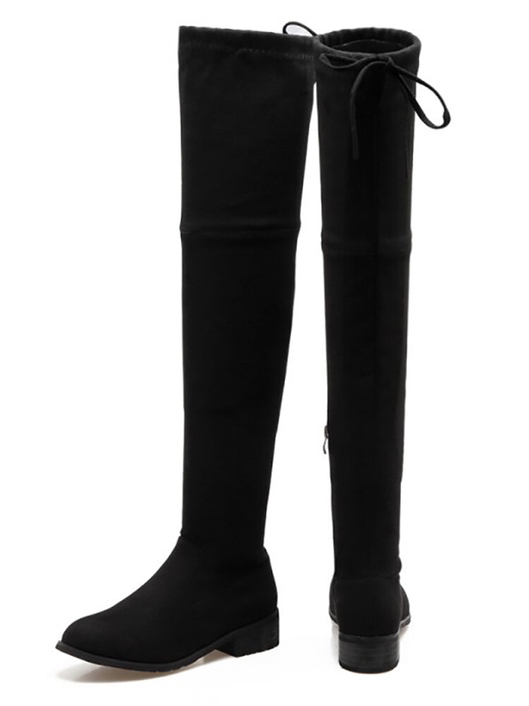 Women's Large Size Pure Black Flat Over Knee Sock Boots