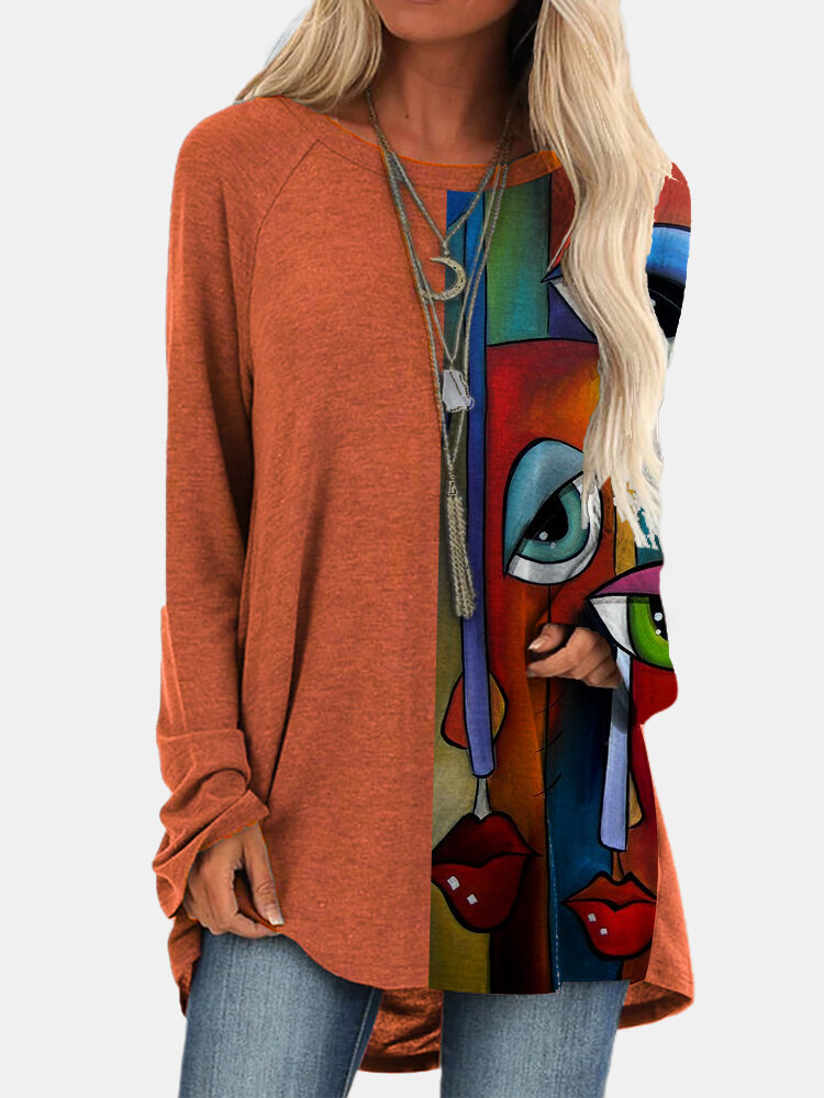 Vintage Printed Long Sleeve O-neck Patchwork T-shirt For Women