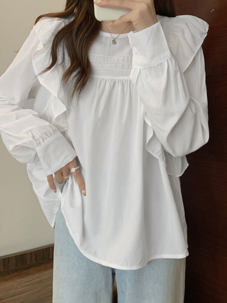 Ruffle Solid Long Sleeve Crew Neck Blouse