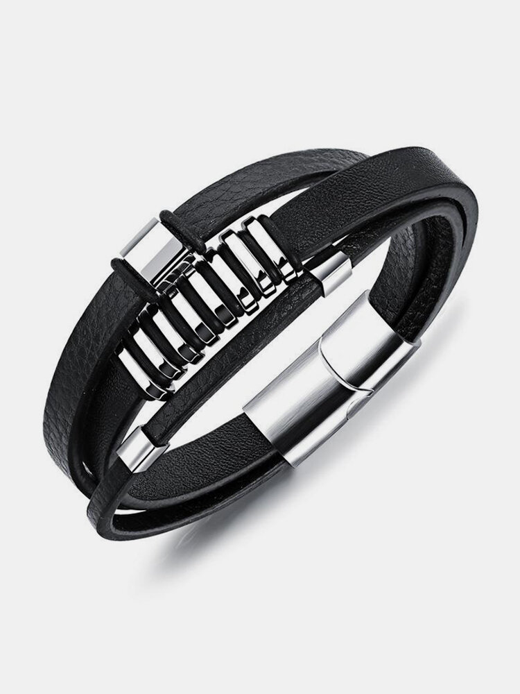 Vintage Black Multi-layer Bracelet Titanium Steel Leather Men's Bracelet Punk Jewelry