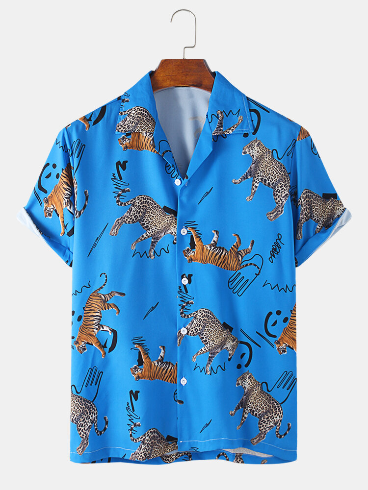 Mens Tiger Print Breathable Short Sleeve Shirt