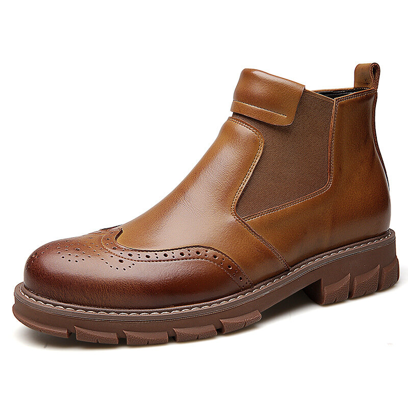 

Men Brogue Carved Elastic Slip On Chelsea Boots, Brown;black
