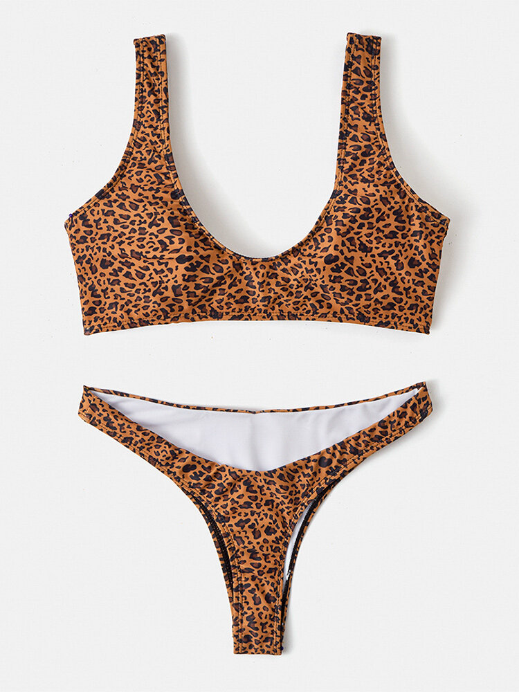 

Women Leopard Zebra Print Wide Shoulder Straps Bikinis Sexy Thong Swimwear, Brown;white