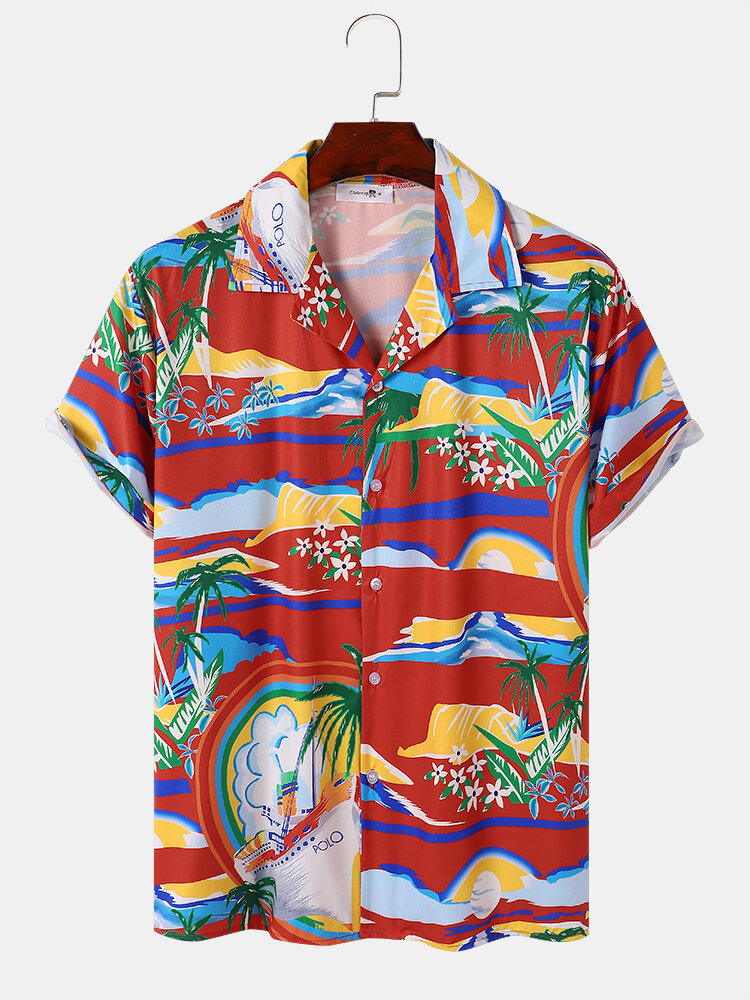 Mens Tropical Scenery Print Revere Collar Holiday Short Sleeve Shirts