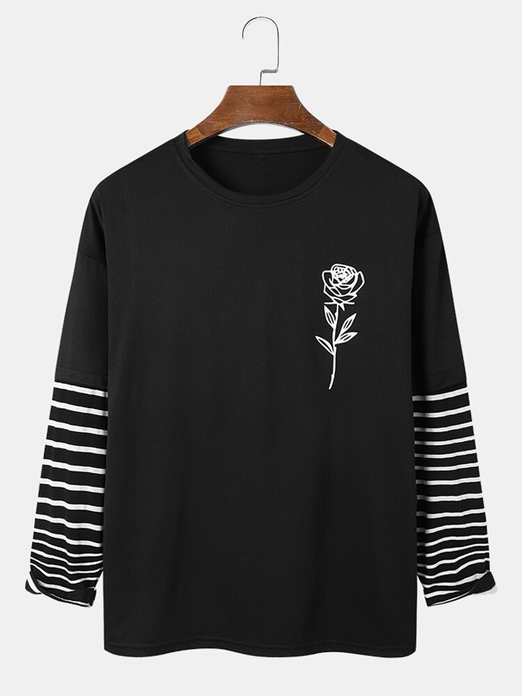Mens Rose Print Crew Neck Striped Patchwork Long Sleeve T-Shirts