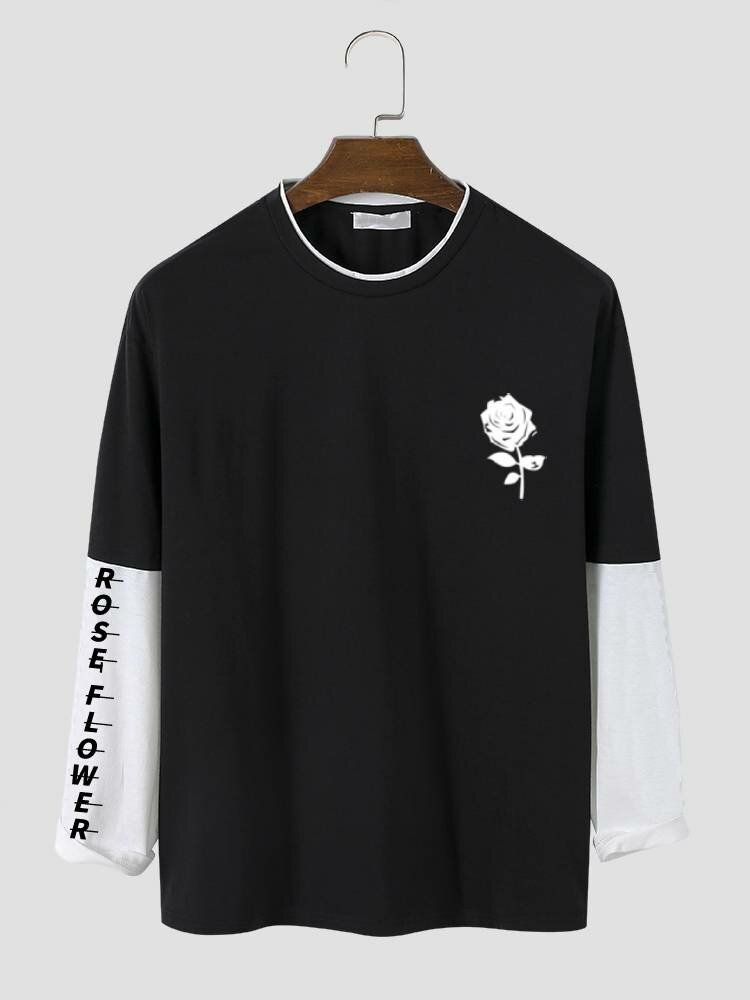 

Mens Rose Letter Print Contrast Faux Twinset Long Sleeve T-Shirts, Black