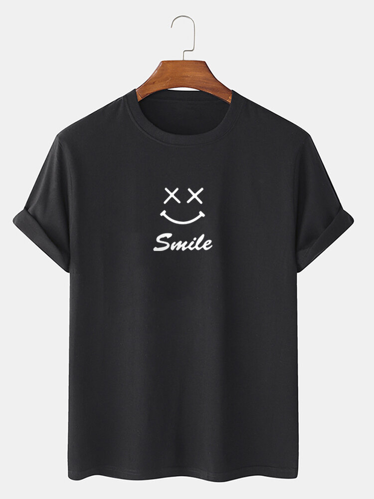 Mens Smile Face Print Crew Neck Cotton Casual Short Sleeve T-Shirts