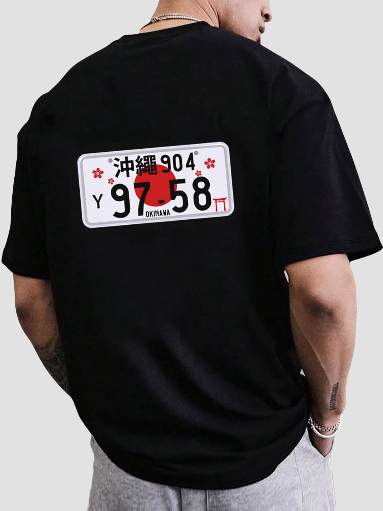 Mens Japanese License Plate Back Print Crew Neck Short Sleeve T-Shirts Winter