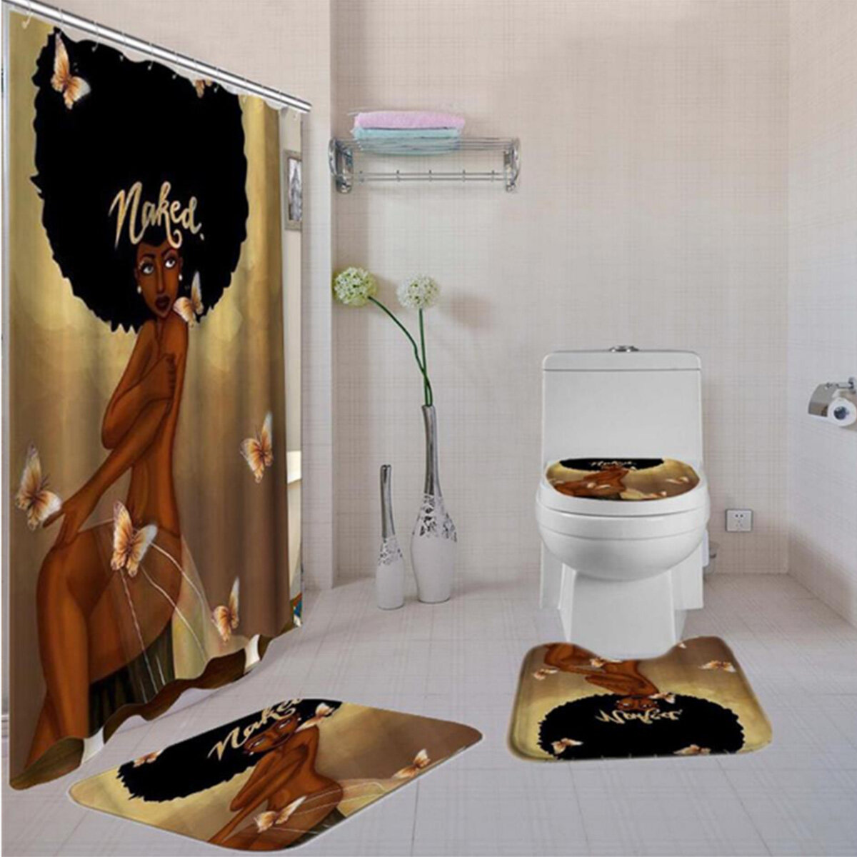 

African American Women with Crown  Afro Africa Girl Queen Princess Bath Curtains with Rugs Toilet Seat Cov