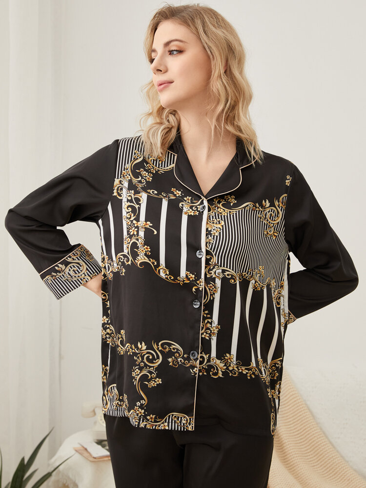 Women Baroque Striped Print Button Up Cozy Home Pajamas Sets