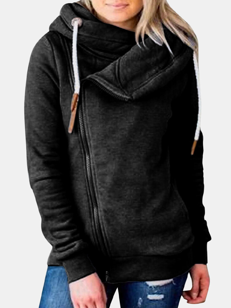 Solid Color Zip Front Casual Hoodie For Women