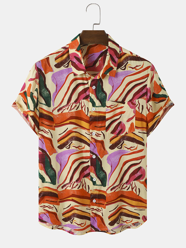 Mens Colorful Abstract Striped Print Holiday Short Sleeve Shirts