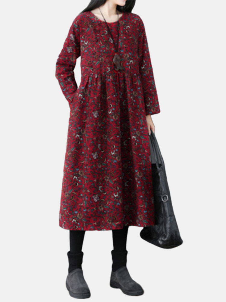Принт Империя Талия Длинный рукав Plus Размер Цветочный Платье