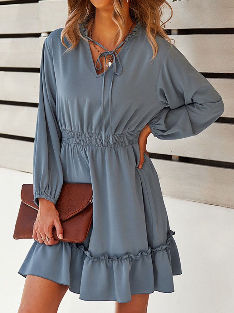 Solid Elastic Waist Ruffle Tie Front Long Sleeve Casual Dress