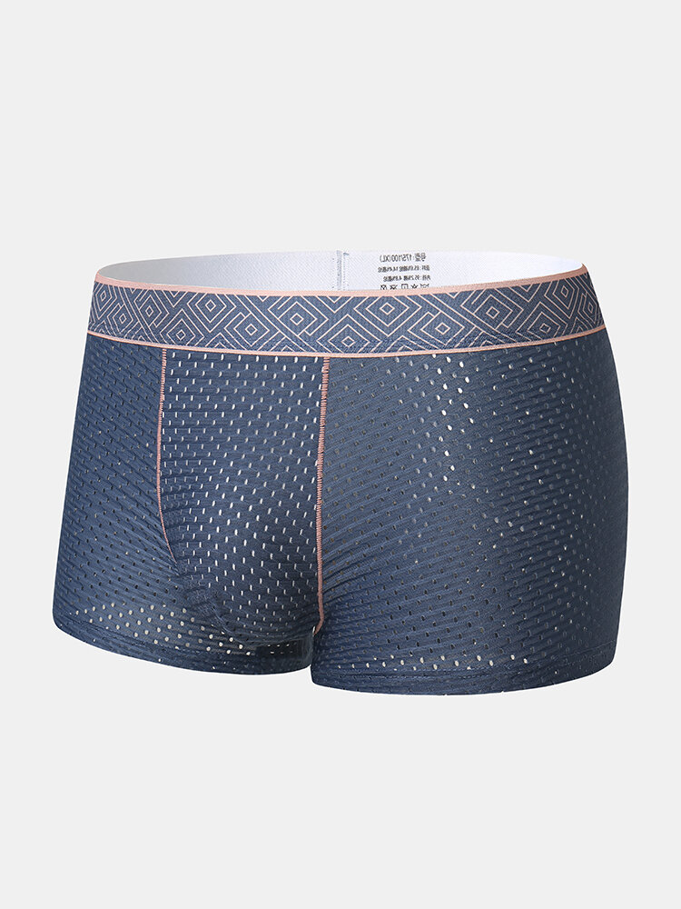 Mens Mesh Breathable Contrast Binding Geo Pattern Waistband Boxer Briefs
