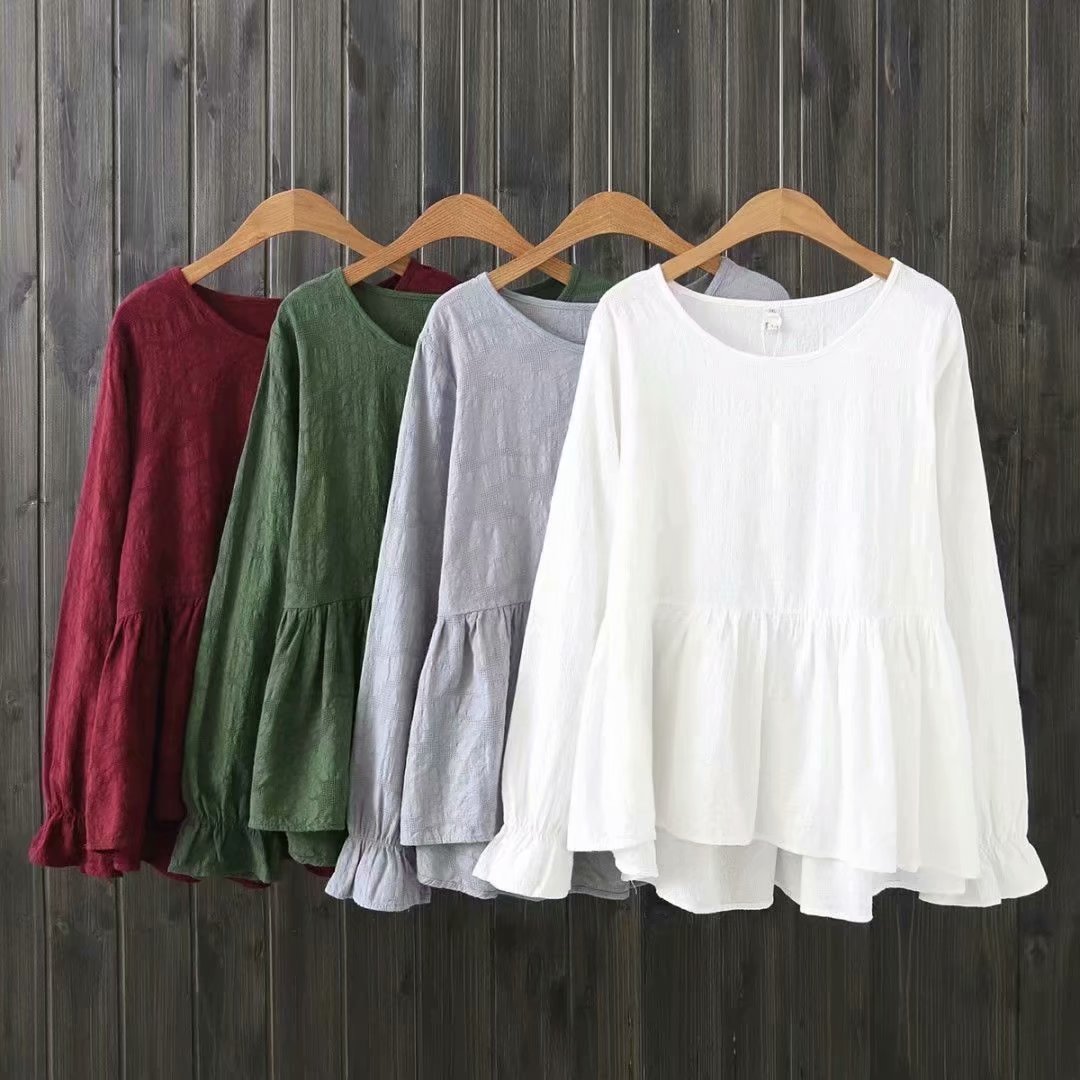 Solid color Babydoll Loose casual long sleeve shirt