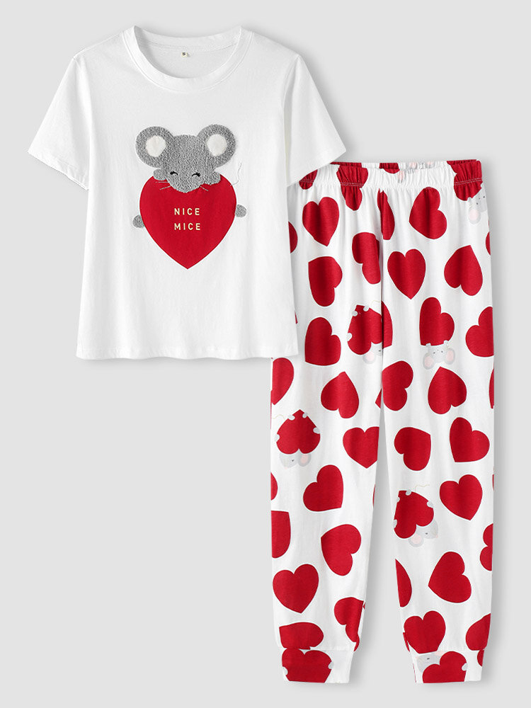 

Women Mice & Heart Print Patchwork Breathable Soft Long Pajamas Sets, White
