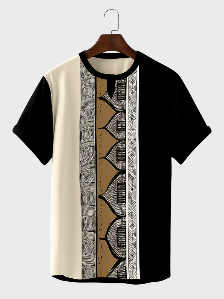 Camisetas masculinas vintage étnicas Padrão patchwork gola redonda manga curta
