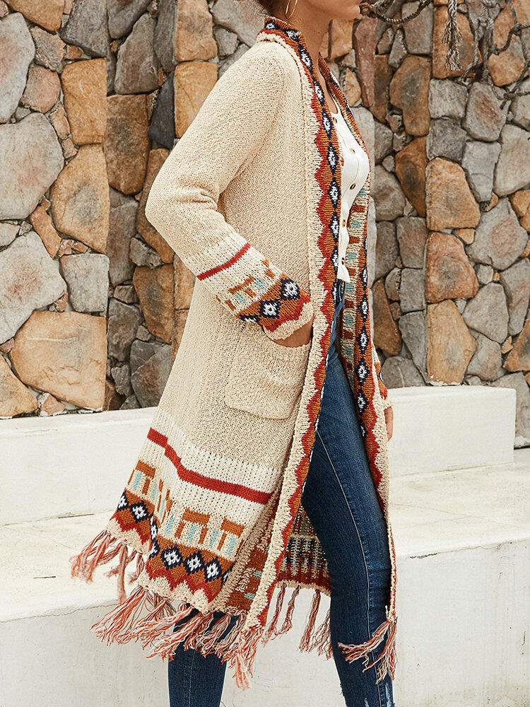 Nomadic Tribal Pattern Pocket Long Sleeve Tassel Knit Cardigan