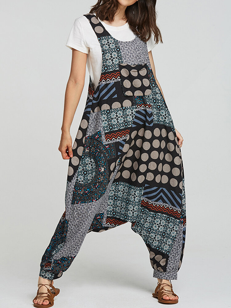 Vintage Ethnic Print Loose Baggy Jumpsuit For Women
