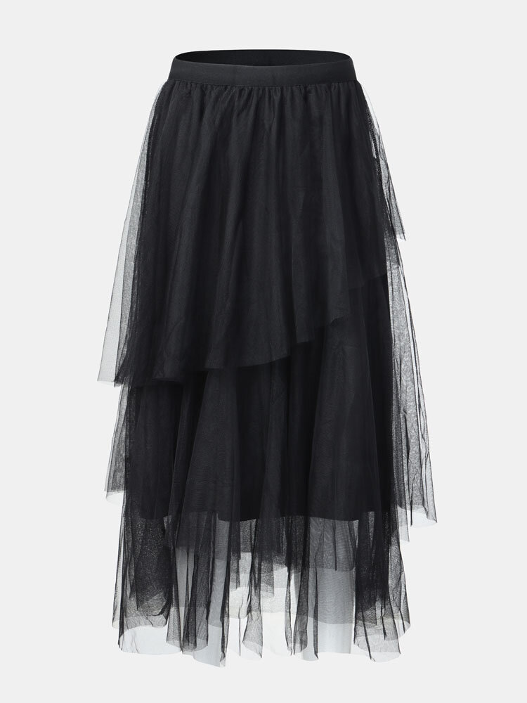 

Solid Color Pleated Mesh Overlay Asymmetrical Patchwork A-Line Tulle Skirt, Black;apricot