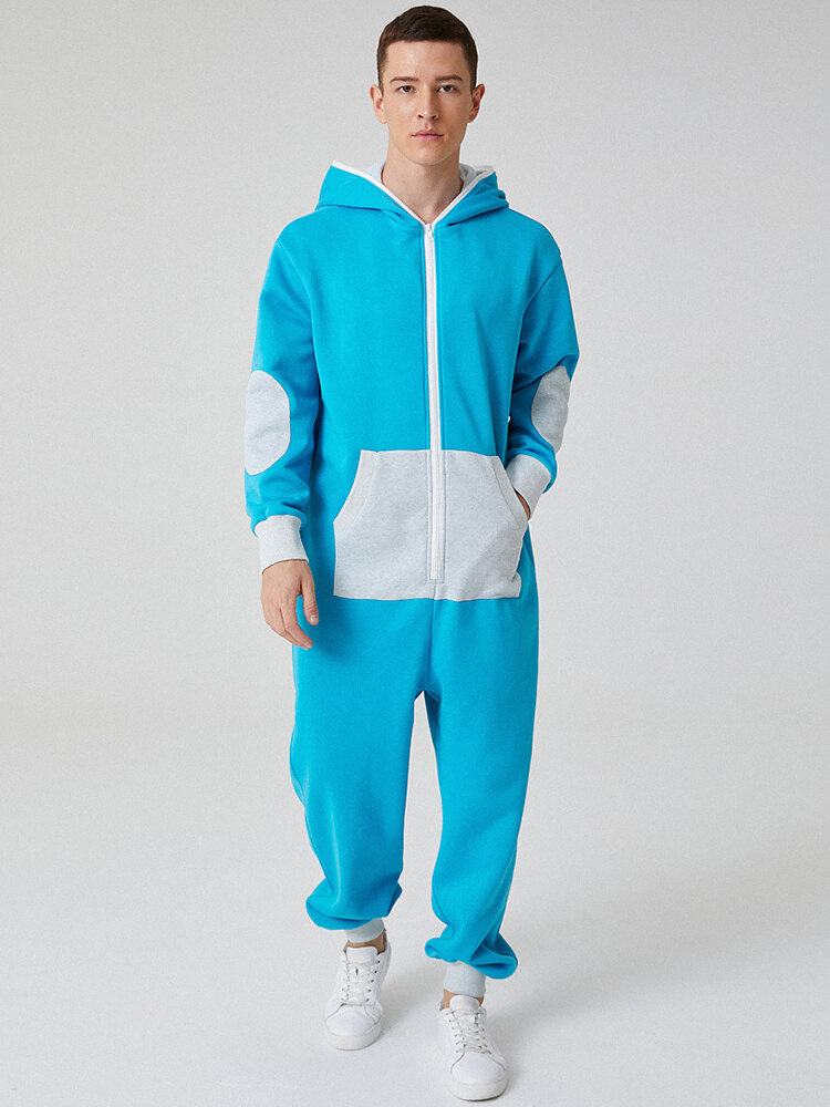 

Men Colorblock Hooded Jumpsuits Zipper Up Patched Design Sleeve Cozy Loungewear Onesies, Blue