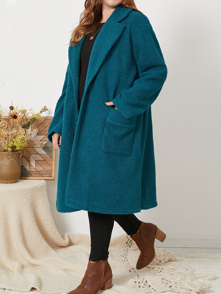 Plus Size Solid Color Lapel Collar Comfy Pocket Trench Coat