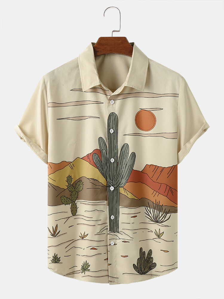 Mens Cactus Desert Landscape Print Button Up Short Sleeve Shirts