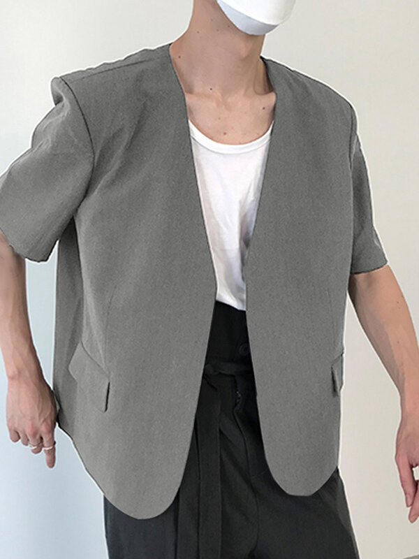 

Mens Solid Collarless Short Sleeve Casual Blazer, Black;white;gray
