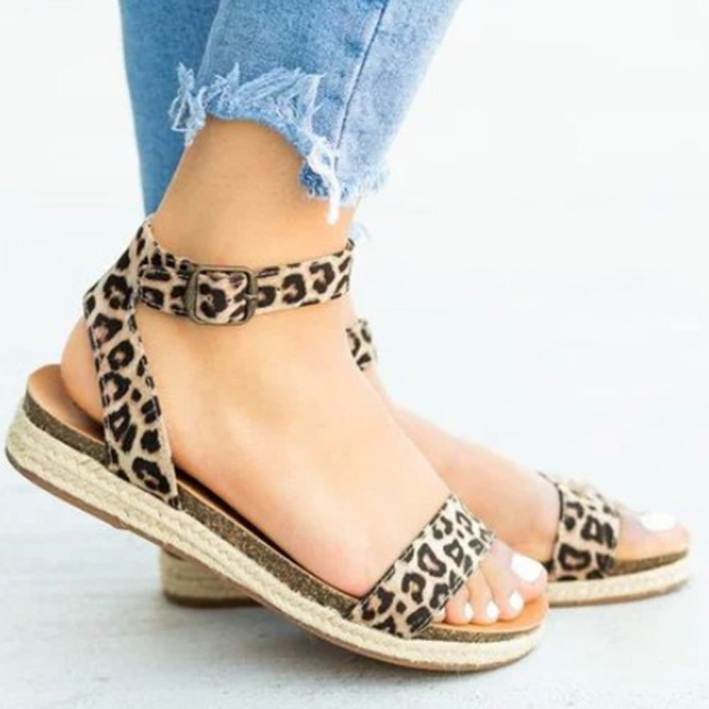 Women Casual Summer Straw Leopard Buckle Strap Flat Platform Sandals