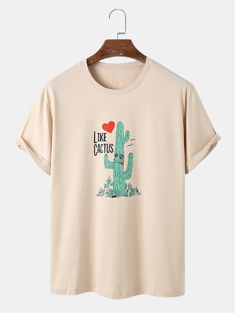 Mens Heart Cartoon Cactus Print 100% Cotton Short Sleeve T-Shirts