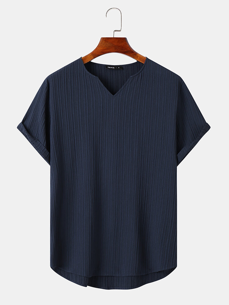 

Mens Solid Color V-Neck Ribbed Basics Short Sleeve T-Shirts, Navy