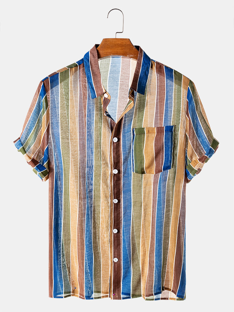 Mens Transparent Colorful Striped Short Sleeve Light Designer Shirts