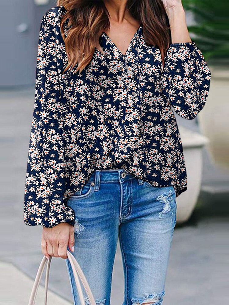 

Women Ditsy Floral Print V-Neck Vacation Long Sleeve Blouse, Dark blue;yellow;rust