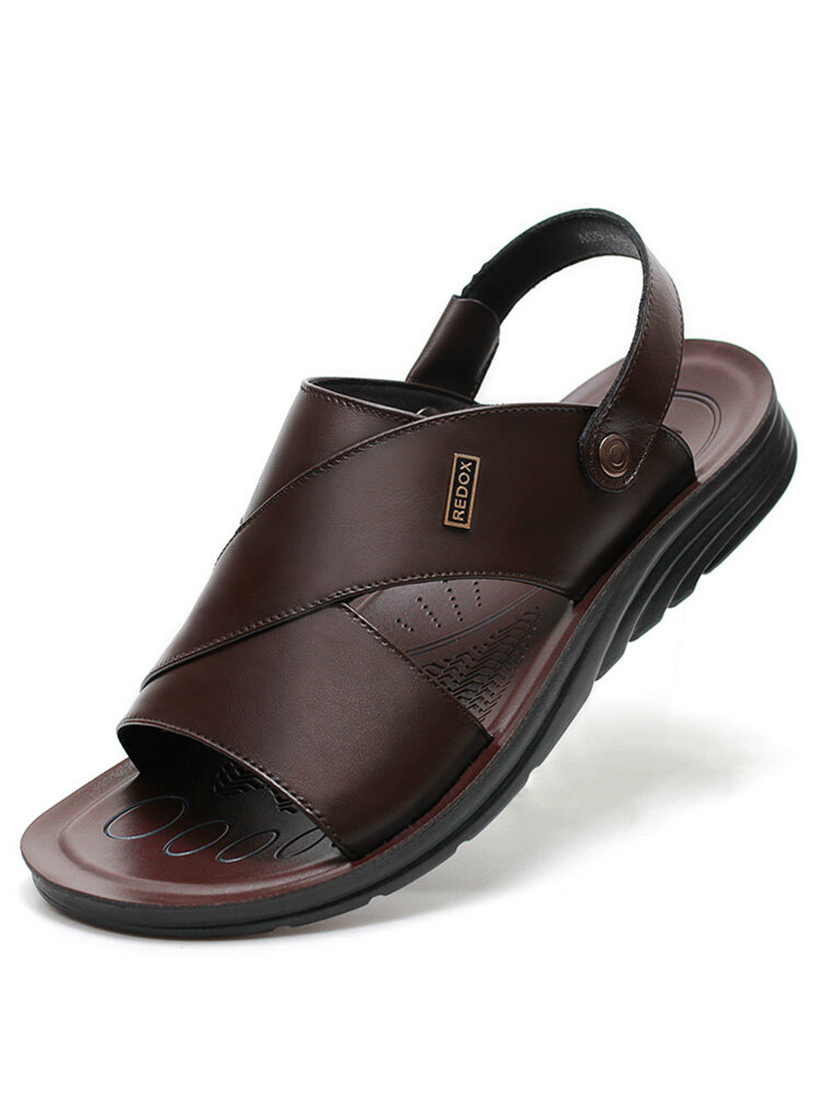 Men Genuine Leather Pure Color Non-slip Casual Beach Sandals