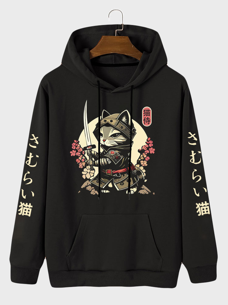 Mens Japanese Warrior Cat Sleeve Print Kangaroo Pocket Drawstring Hoodies Winter