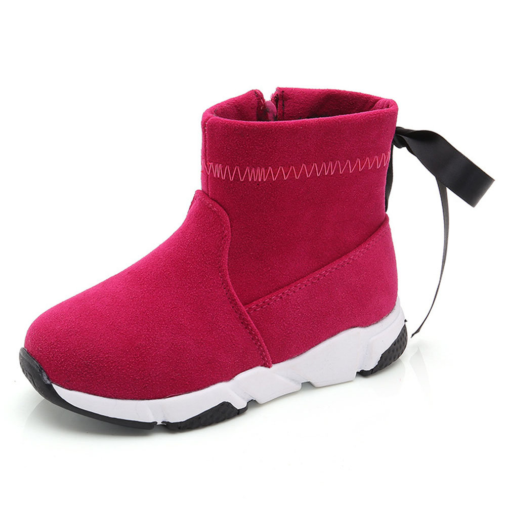 Girls Pure Color Bowknot Decor Zipper Warm Lining Boots