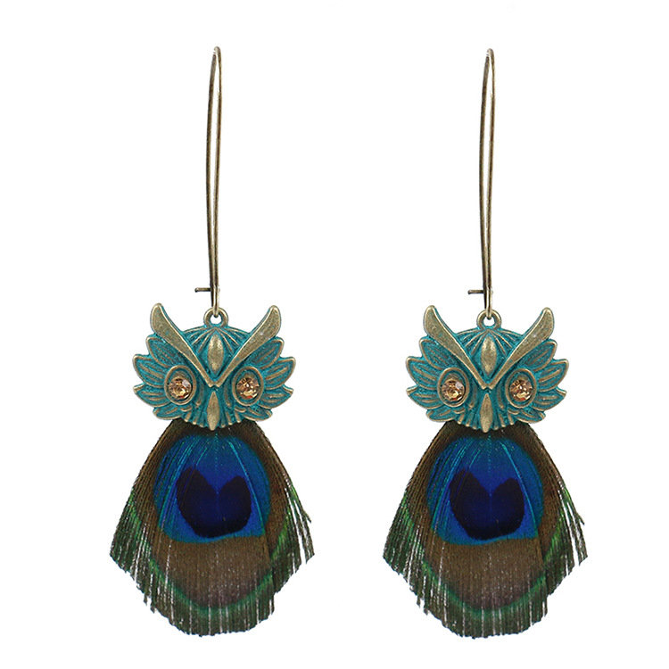 

Vintage Antique Gold Owl Blue Peacock Feather Dangle Earrings Long Earrings for Women, Black