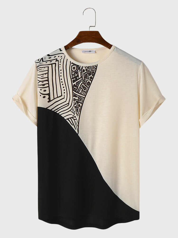 T-shirt casual a maniche corte con stampa patchwork a contrasto da uomo