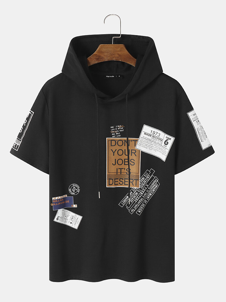 Mens Letter Label Print Street Short Sleeve Hooded T-Shirts